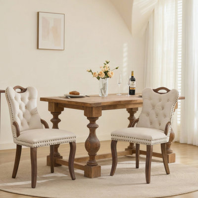 Velvet Dining Chair with Handmade Tufted Trim, Solid Wood Handles, Vintage Copper Nails, and Curved Legs, Set of 2