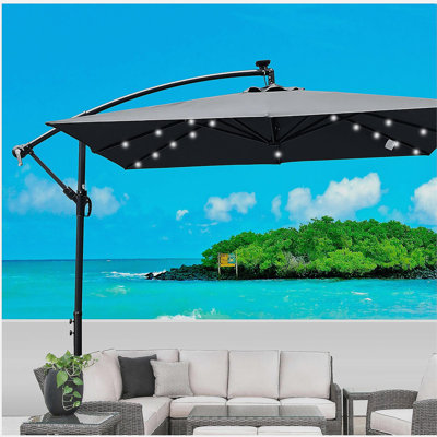 Parasol carré carré de 8X2,5M avec parasol solaire à DEL 8 lumières avec manivelle et base transversale pour terrasse de jardin et abri de piscine extérieur
