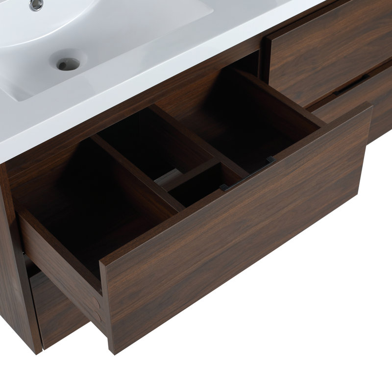 Paup 48" Wall Mounted Double Bathroom Vanity Set, Floating Bathroom Vanity with Resin Basin Sink Top, 4 Drawers, Walnut