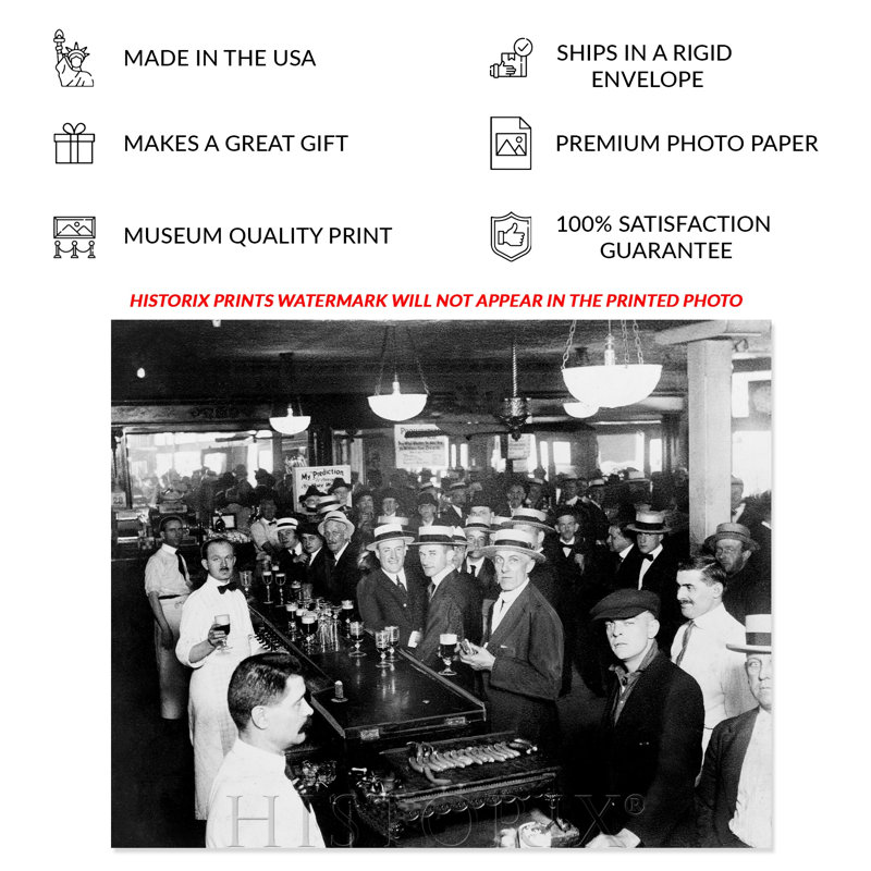1919, photo d'un bar bondé devant la Prohibition en temps de guerre, New York, sur papier, H 18 po x l 24 po x P 0,01 po