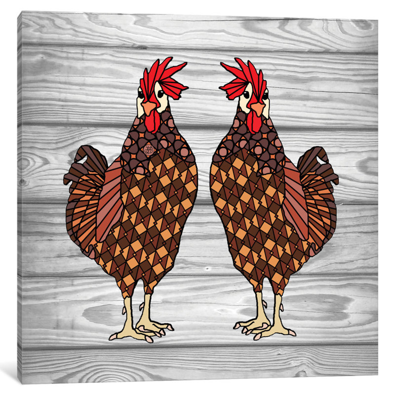 « poulets », impression sur toile tendue, H 18 po x l 18 po x P 1,5 po, Toile tendue, Pas de tapis