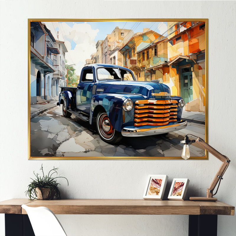 Orange Blue Pickup Truck Bold Contours II - Transportation Canvas Prints, H 12 po x l 20 po x P 1 po, Cadre flottant doré