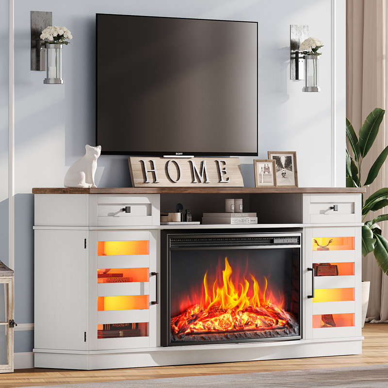 Armoney 70" Farmhouse Curved Fireplace TV Stand With 36'' Electric Fireplace/Led Light/Glass Door & Adjustable Shelves, Barnwood White