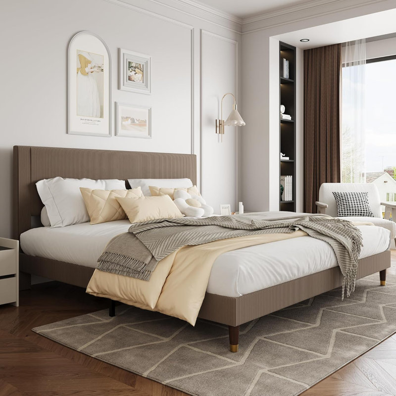 King Upholstered Platform Bed Frame, Fabric Headboard, Metal Frame with Wooden Slats, Modern Bedroom Use ,Brown, Brown, King
