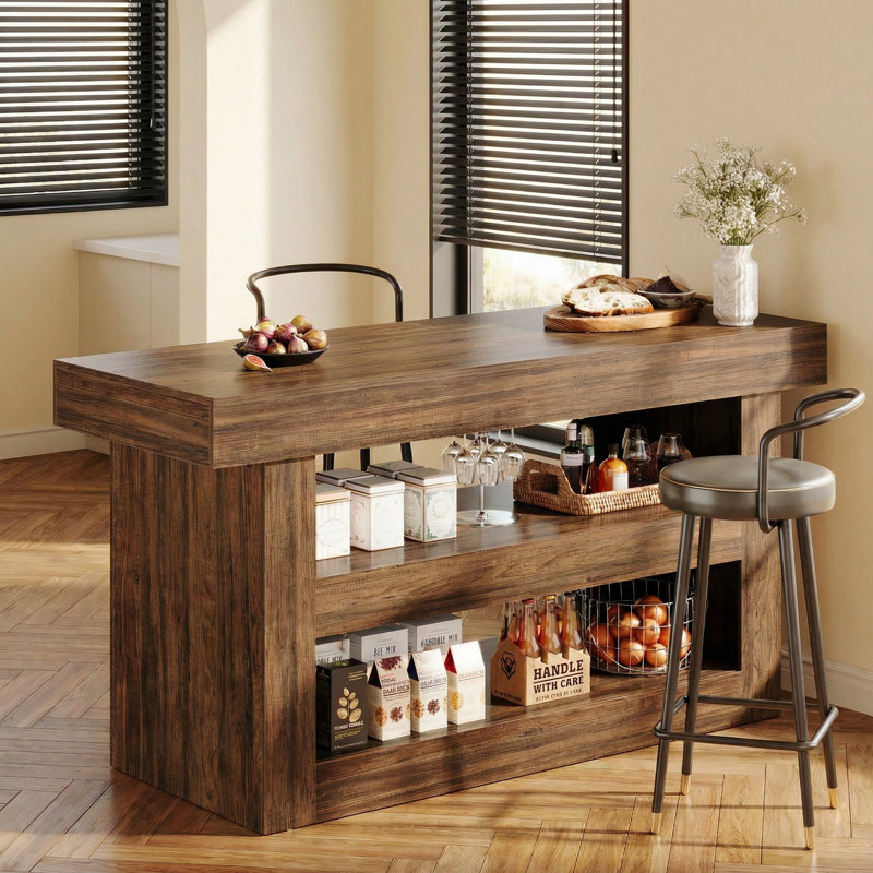 Îlot de cuisine de 55 po avec tablettes de rangement, îlot de cuisine à 3 niveaux avec grand comptoir, table basse pour la cuisine et la salle à manger