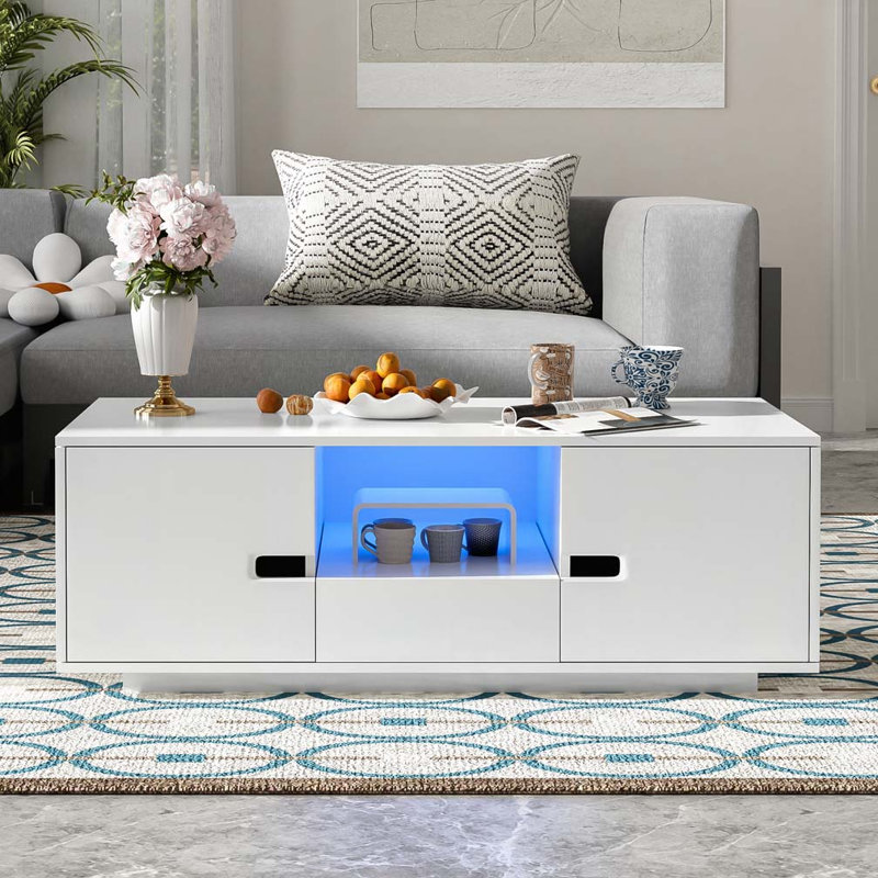 Table basse rectangulaire haute brillance avec 16 lumières DEL de couleur, Blanc