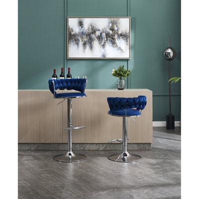 Tabourets de bar réglables en hauteur - velours bleu, fabrication en métal pour une stabilité accrue