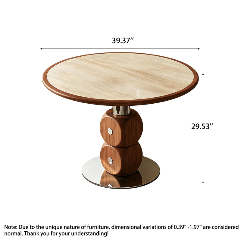 Table de salle à manger Retro Retro avec plateau en pierre frittée d'aspect travertin beige, 29.53" H x 39.37" W x 39.37" D