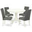 Ensemble de 5 pièces pour coin-repas pour 4 personnes comprenant une table de salle à manger ronde avec piédestal et 4 chaises de salle à manger Parsons en tissu gris, lin blanc-974126847-974126844