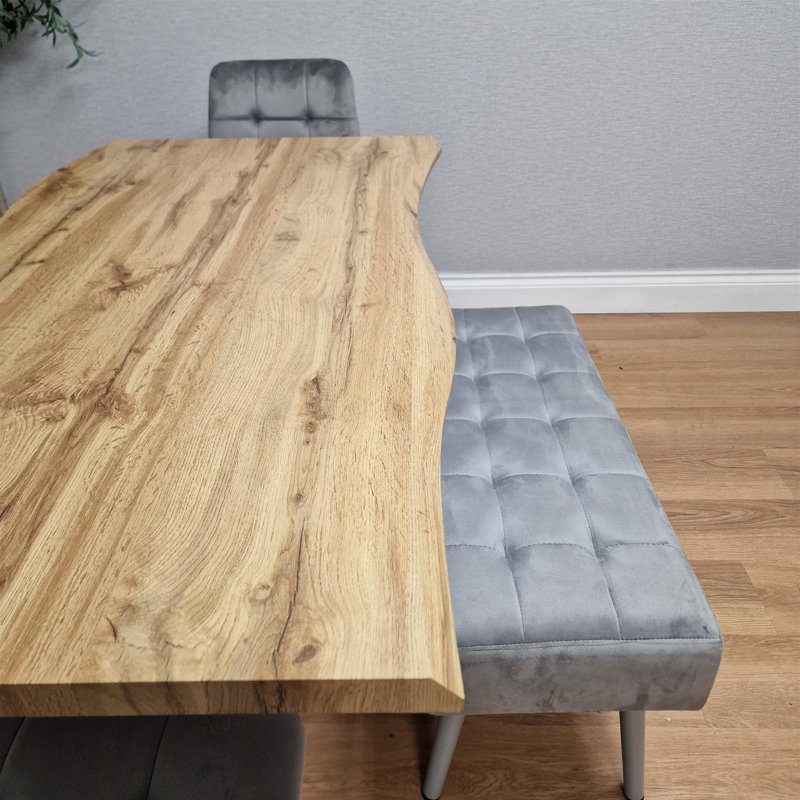 Wooden Brown Dining Table with 2 Velvet Chairs and 2 Grey Padded Benches, Dining Room Furniture, 75cm H x 117cm W x 77cm D