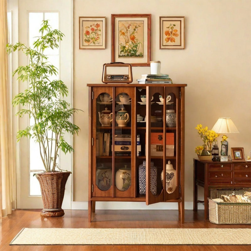Arched Display Cabinet with Cane Panels, Brown