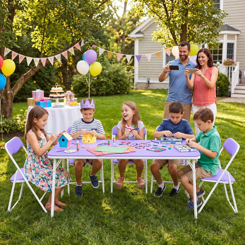 Table pliante pour enfants 7 pièces et 6 chaises, surface en similicuir, coins arrondis de sécurité, Mauve
