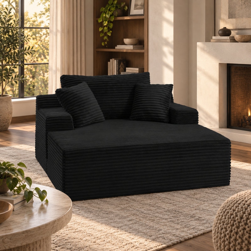 Chaise longue d'intérieur surdimensionnée avec 3 coussins, fauteuil en velours côtelé noir de 143 cm pour salon
