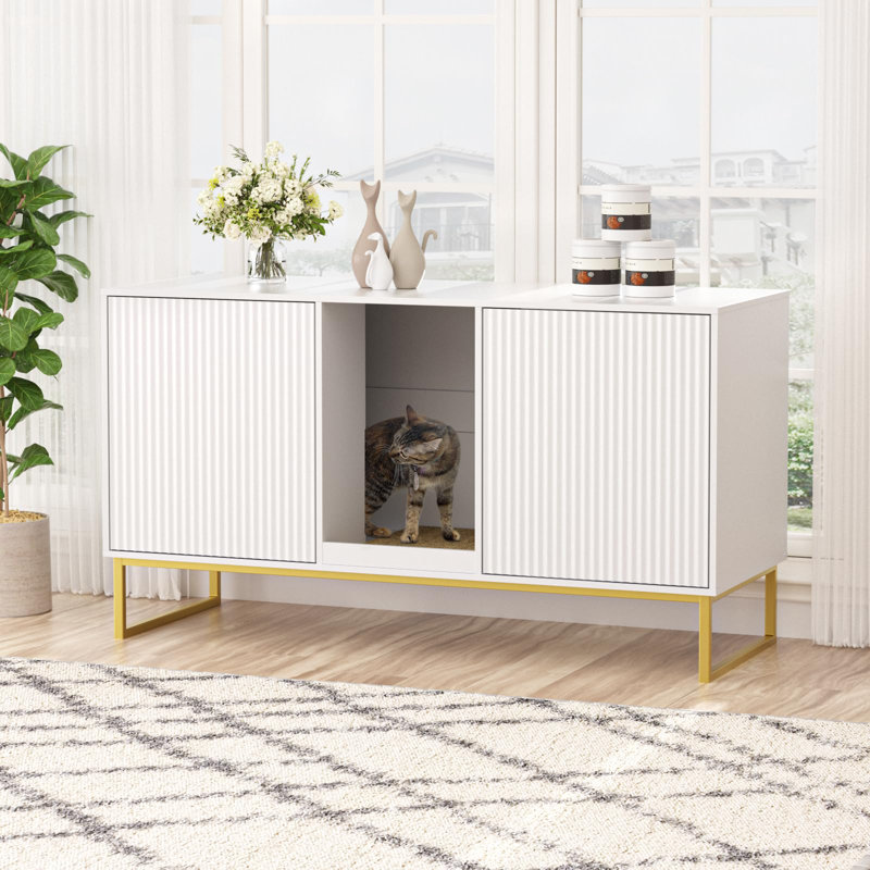 Enceinte de litière pour 2 chats, Blanc / Doré