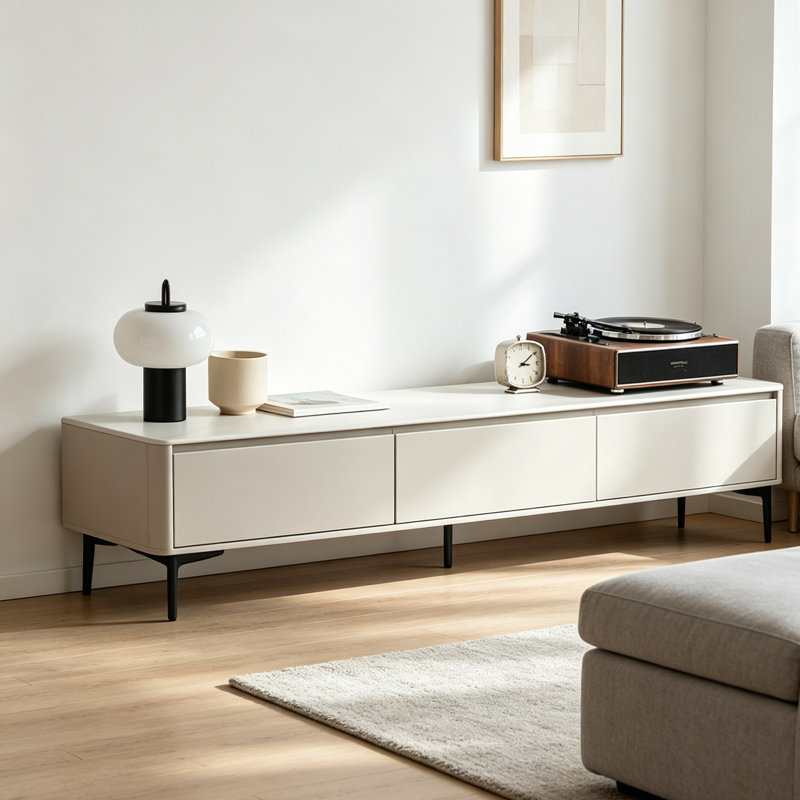 Meuble télé de rangement avec plateau incurvé en pierre frittée de 70,87 pouces