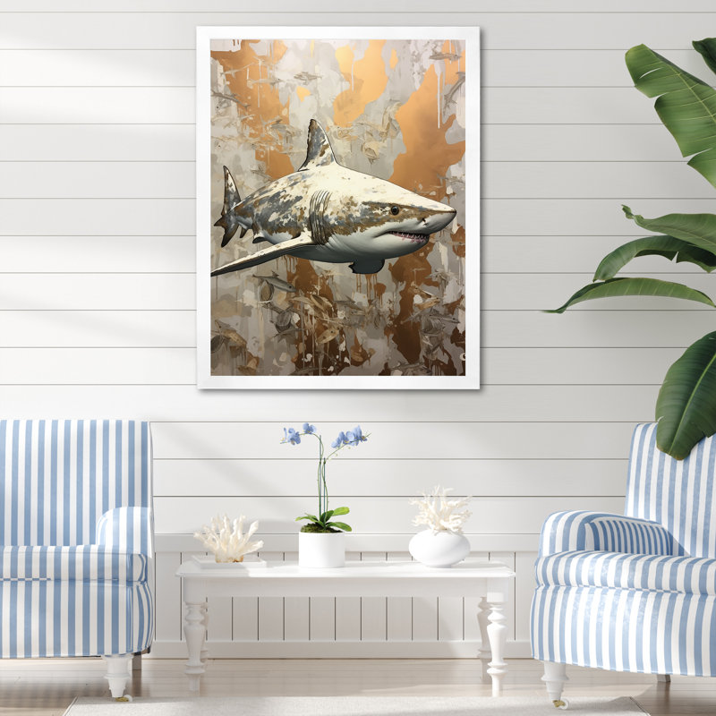 " Minimalism Shark Painting In Golden Beige II ", White Single Picture Framed, 32" H x 24" W x 1" D