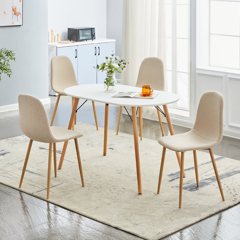 Ensemble 5 pièces de table et chaises de salle à manger, style nordique rétro, table ovale blanche avec 4 chaises en tissu respirant beige, pieds en bois de hêtre, pour coin-repas