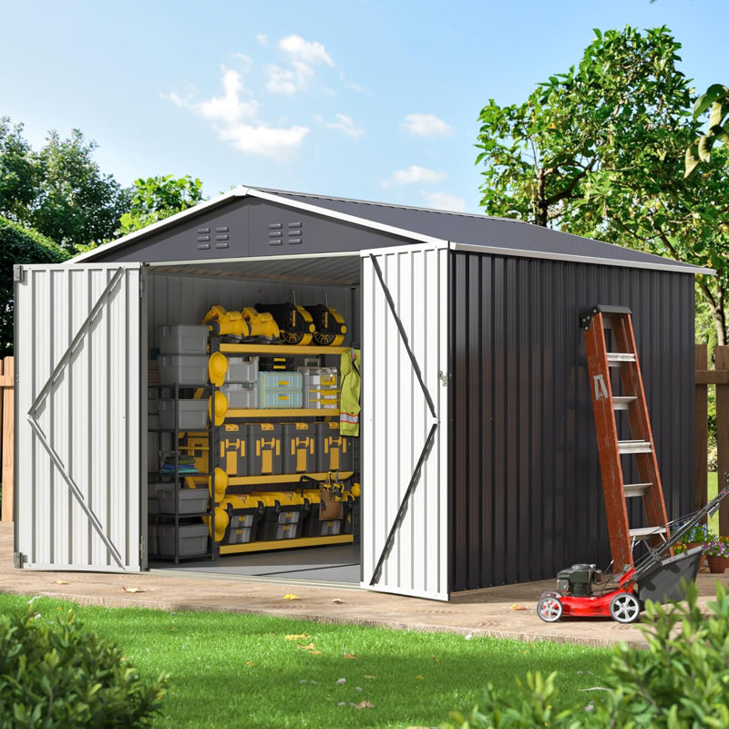 8 ft. W x 8 ft. D Outdoor Metal Shed Storage with Floor, Updated Frame Structure and Lockable Doors(64 sq. ft)