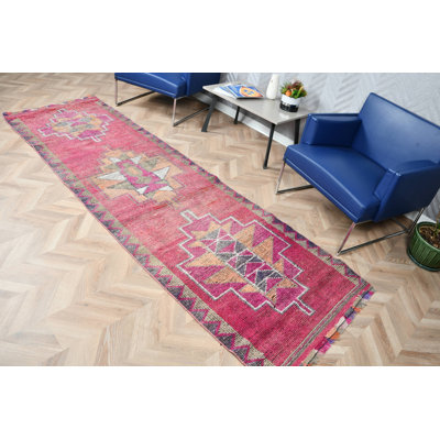Tapis de couloir vintage turc en laine fait à la main rose pour décor de couloir bohémien