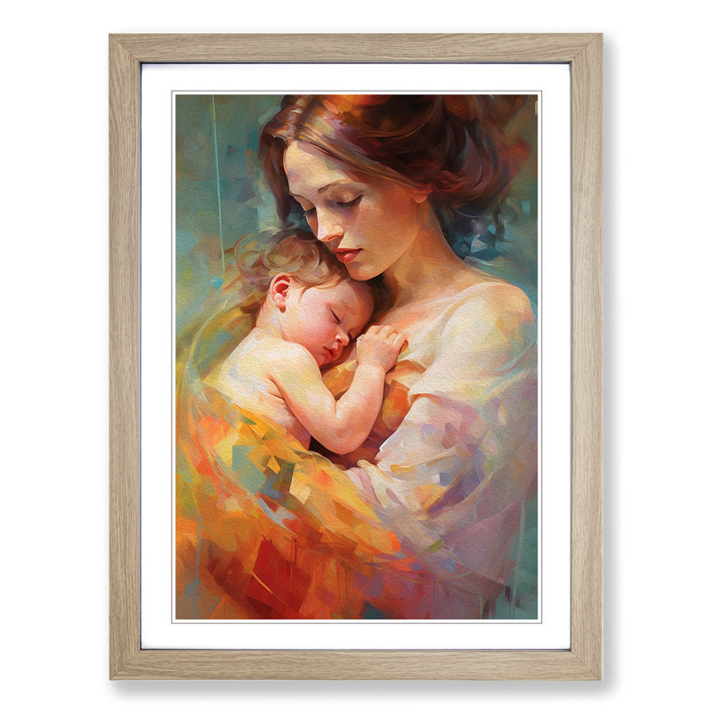 XYZ-FRM-V1223-4560 Mother And Baby Contemporary - Single Picture Frame Print on Wood, Oak , 34cm H x 25cm W x 2cm D