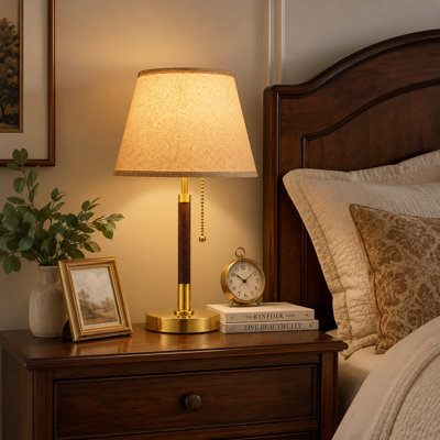 Mid-Century Modern Table Lamp with 3 Color Temperatures, Pull Chain Switch, Beige Fabric Shade, Wood & Brass Bedside Nightstand Lamp for Bedroom, Living Room, End Table & Reading