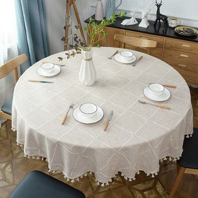 Heavy Cotton Linen Tablecloth, Plaid Tassel Round Table Cover For Kitchen Dining Room Tabletop Decorations, Round