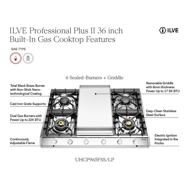 ILVE Professional Plus II 36 inch Built-In Gas Cooktop with Griddle, in Stainless Steel, Natural Gas