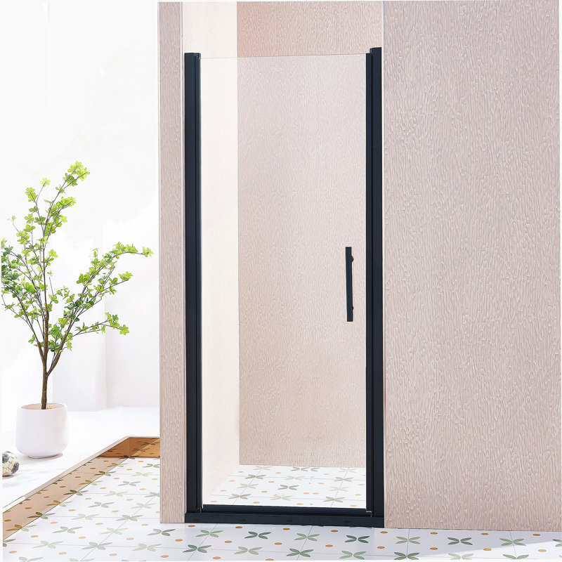 Porte de douche pivotante simple 32 po x 33,5 po x H 75 po, alliage d'aluminium noir mat, verre trempé clair de 1/4 po (6 mm) de large épaisseur.