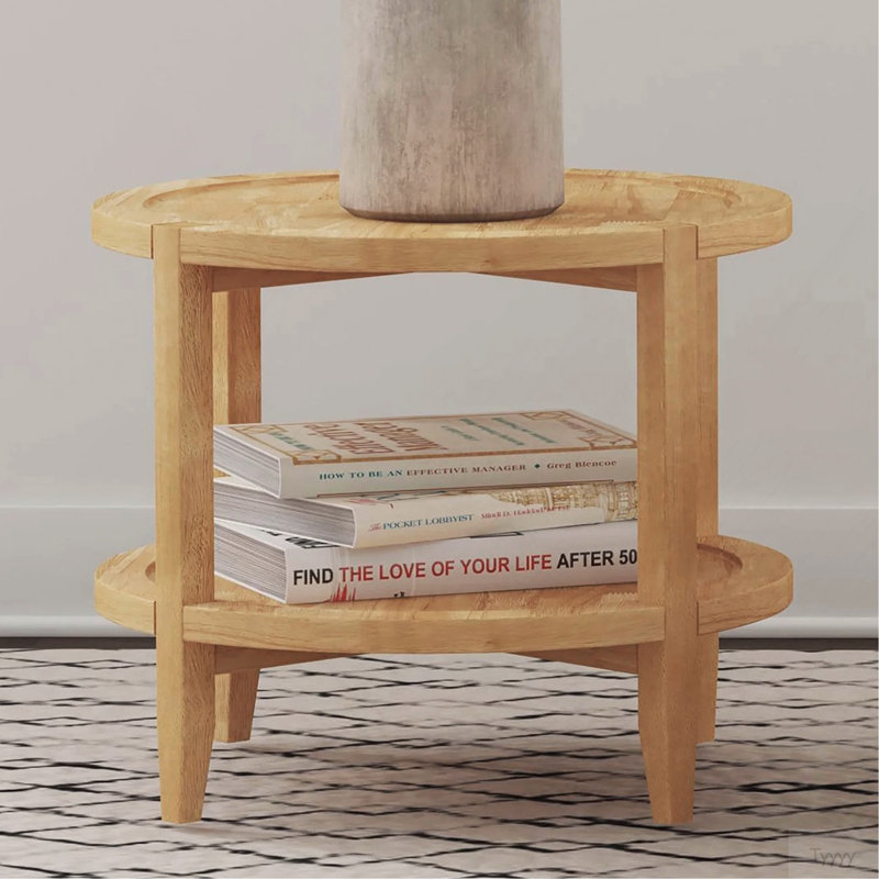 Table de bout ronde en bois avec tablette inférieure, brun érable