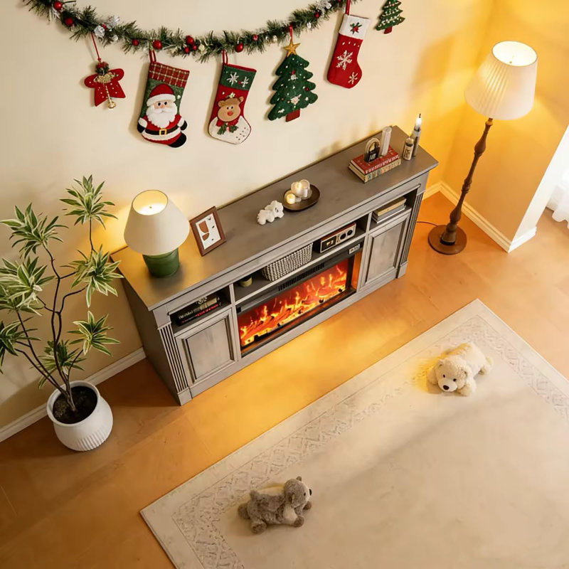 58" Fireplace TV Stand with 36" Electric Fireplace, Farmhouse Media Console, Grey
