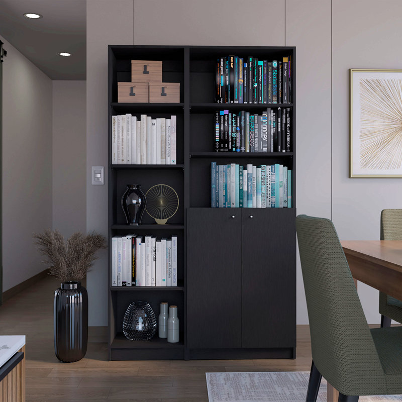 2 Piece Home Bookcase Set, 42" Wide  With 8 Shelves And Double Door Cabinet, Living Room Set, Black