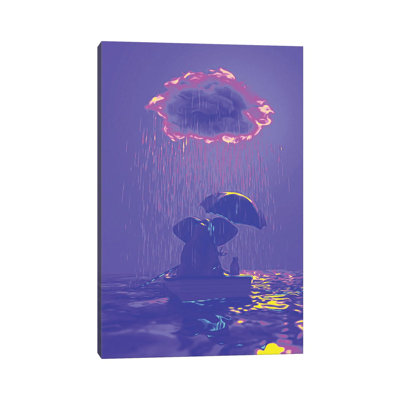 An Elephant And A Dog Float In A Boat In The Rain IV by Mike Kiev - Wrapped Canvas Print