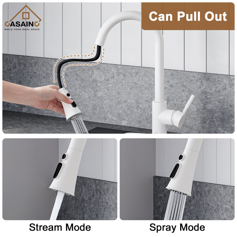 Pull Down Sprayer Kitchen Faucet with Dual-Function Sprayer and Deck Plate in Spot-Free, Matte White