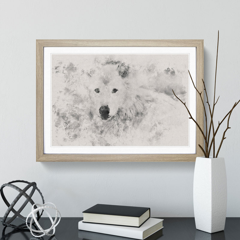 White Wolf - Picture Frame Graphic Art, Oak Framed, 48cm H x 65cm W x 2cm D