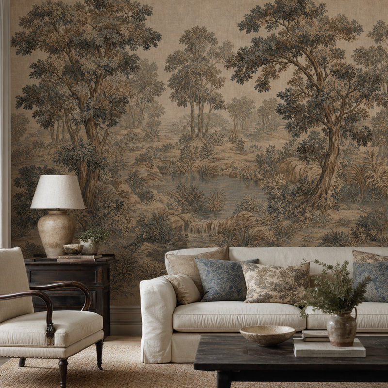 Papier peint paysage pastel Woodland Illustration murale, 140"x108", Peel and Stick