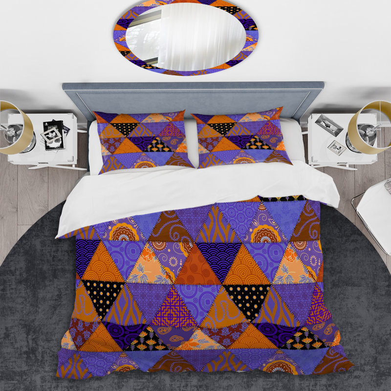Orange and Purple Patchwork - Abstract Duvet Cover Set - Microfiber Polyester, Twin Duvet Cover + 1 Standard Sham