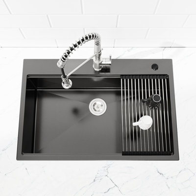 30"X22" Single Bowl Stainless Steel Kitchen Sink In Black With Basket And Board - Spacious, Functional, Modern Design Coating Rounded Corners Prevents Stains, Increases