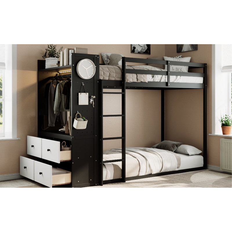 Lit superposé simple avec 4 tiroirs de rangement, tringle à suspendre, double et triple, pour garde-robe de chambre à coucher intégrée, éclairage intelligent