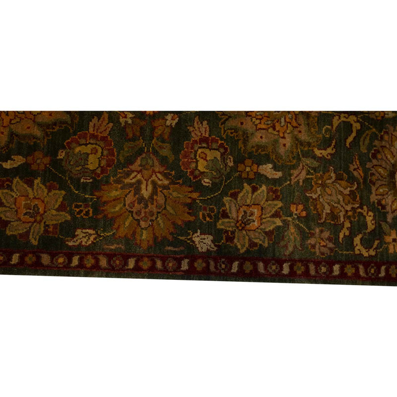 Tapis de couloir oriental vert foncé / rouge / orange en laine noué à la main 2 pi 7 po x 17 pi 5 po