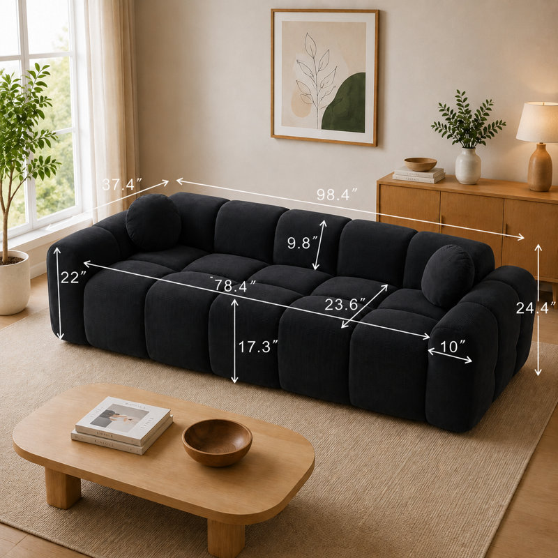Très grand canapé en velours côtelé de 98,4 po avec 2 coussins Aukfa - sans nuage, sans assemblage, pour salon, appartement, studio, noir