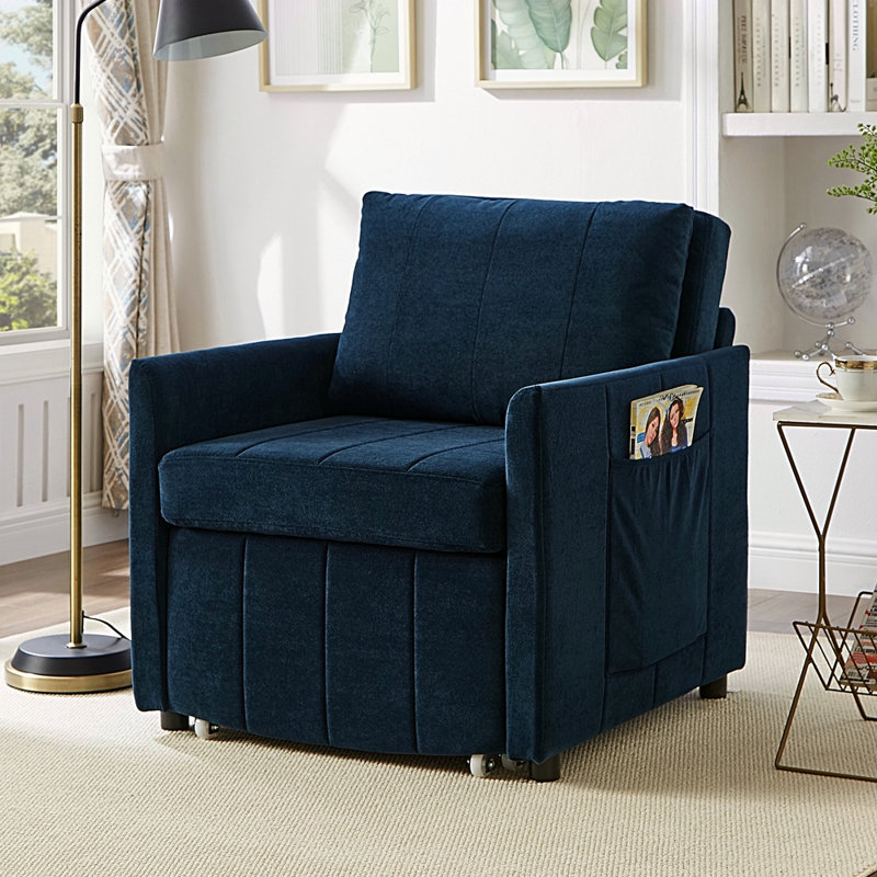 Jad Convertible Chenille Sleeper Sofa with Adjustable Backrest & Storage, Blue