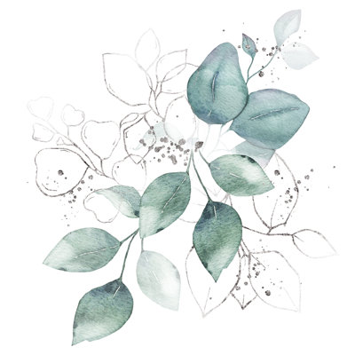 Arrangement aquarelle avec feuilles vertes, bouquet d'herbes argentées - peinture sur toile tendue
