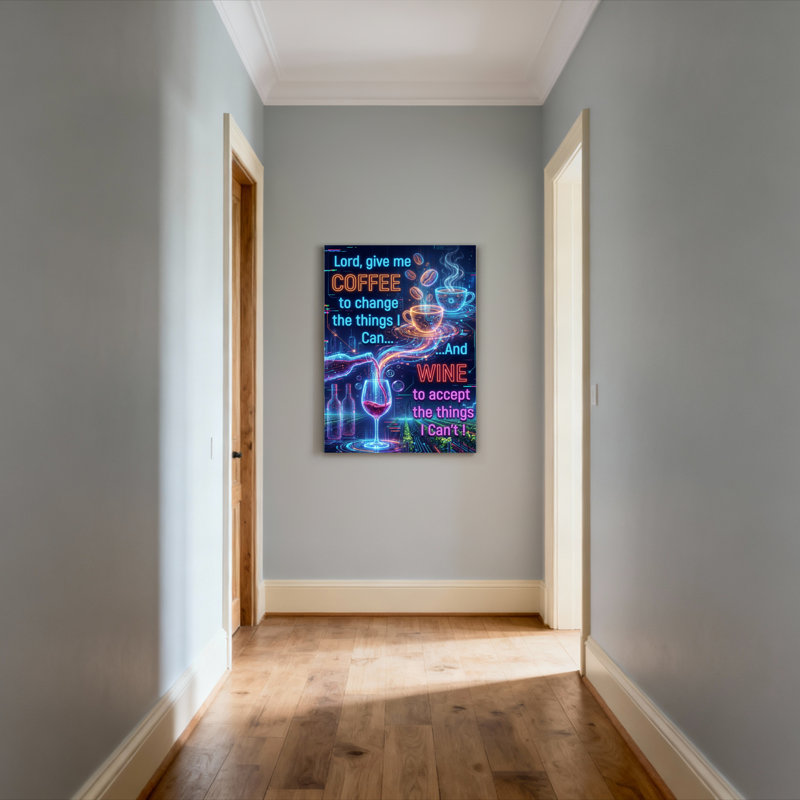 Ensemble d'une toile tendue avec citation néon « Café et vin », H 18 po x l 12 po