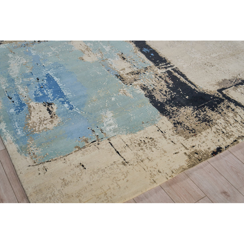 Picasso hand-knotted Wool/Silk Blue Area Rug, 10'X14'