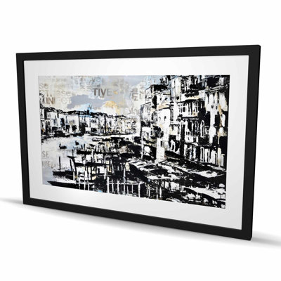 «Abstract Venise Port» - Reproduction matte encadrée côtière grise