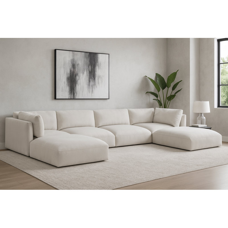 Ivalina Upholstered U-Shaped Sectional Reversible, Cream Polyester Fabric