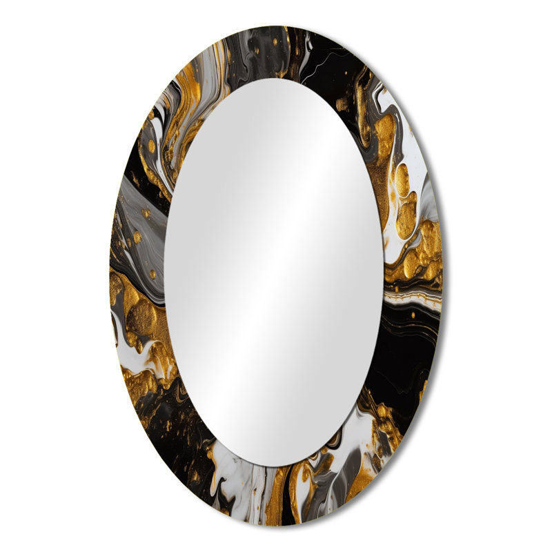 Gold Black Marbled Dreamscape II - Large Oval Wall Mirror On Metal, 36" x 24"