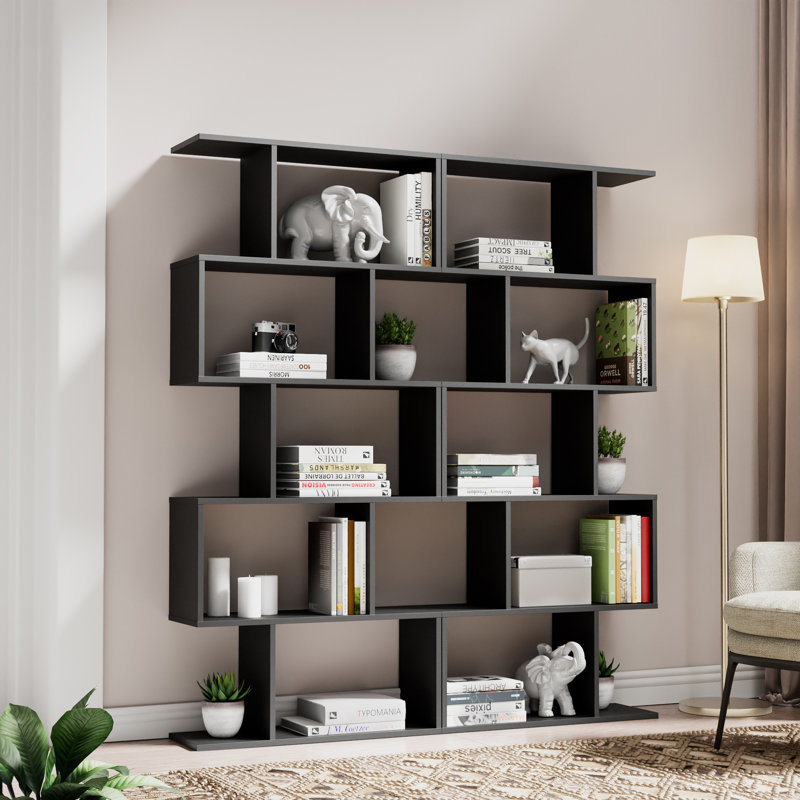 62.6" H Geometric Bookcase 5 Tier S-Shaped Room Divider Bookshelf, Black