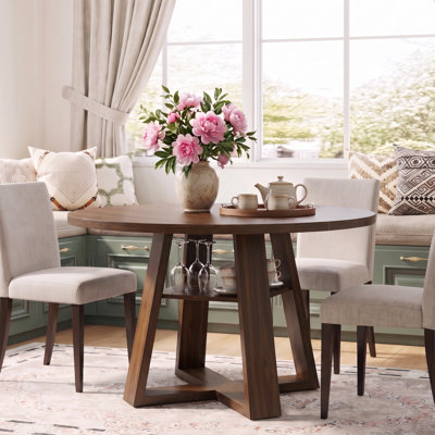 47" Round Dining Table for 4-6 People, Modern Farmhouse Wooden Base with Storage Shelf for Kitchen 