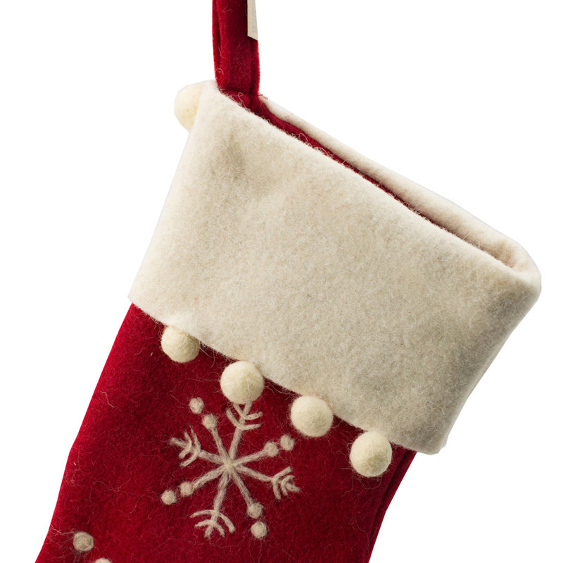 Boiled Wool Red Stocking with Pom Poms and Snowflake Design - Red, White - 20"